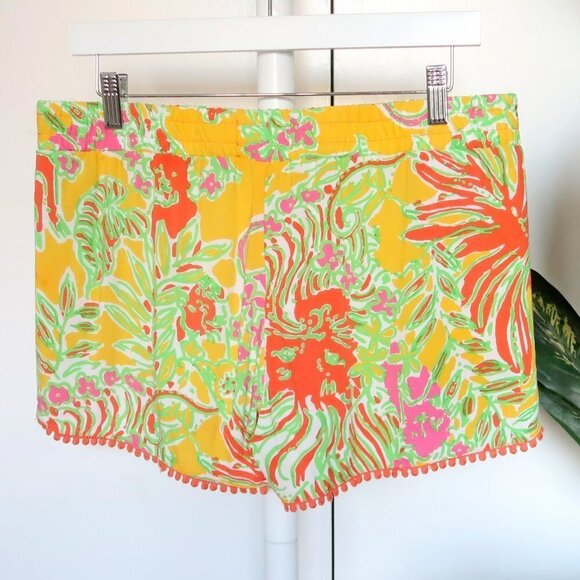 Lilly Pulitzer for Target Happy Place Yellow Orange Challis Pompom Shorts Size M - Picture 10 of 11